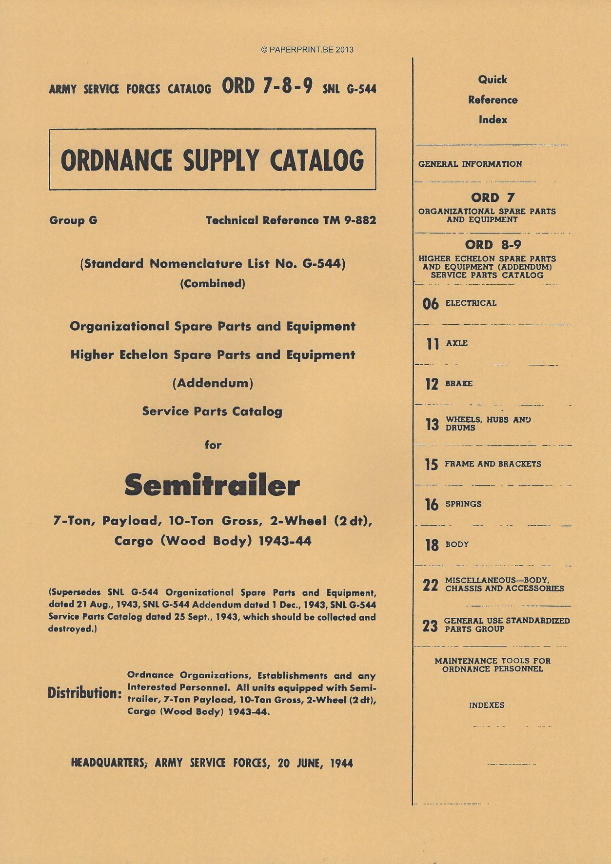 SNL G-544 US SERVICE PARTS CATALOG FOR SEMITRAILER 7-TON, PAYLOAD, 10-TON GROSS, 2-WHEEL (2DT), CARGO (WOOD BODY) 1943-44